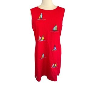 Sleeveless Linen blend Dress Red Embroidered Sailboats Nautical Women’s Sz 12